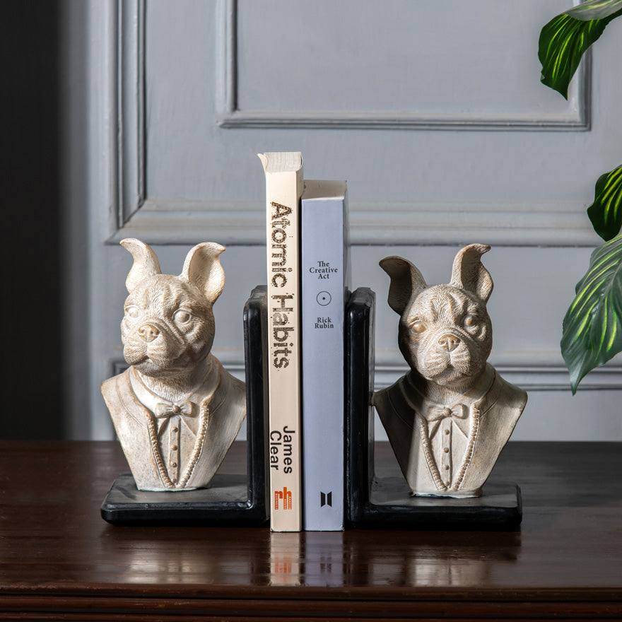 Enhabit Suited Bulldogs Bookends, Set of 2 - Vintage White