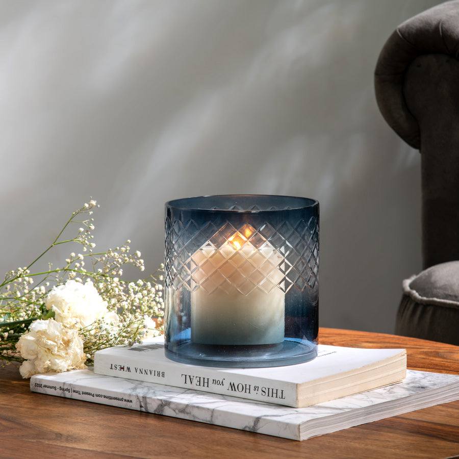 ESQ Living Seline Textured Glass Hurricane Small - Indigo