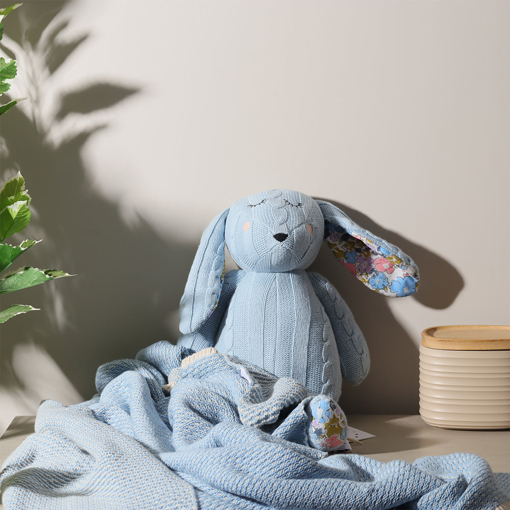 Knitted Soft Toy and Blanket Set - Blue Bunny