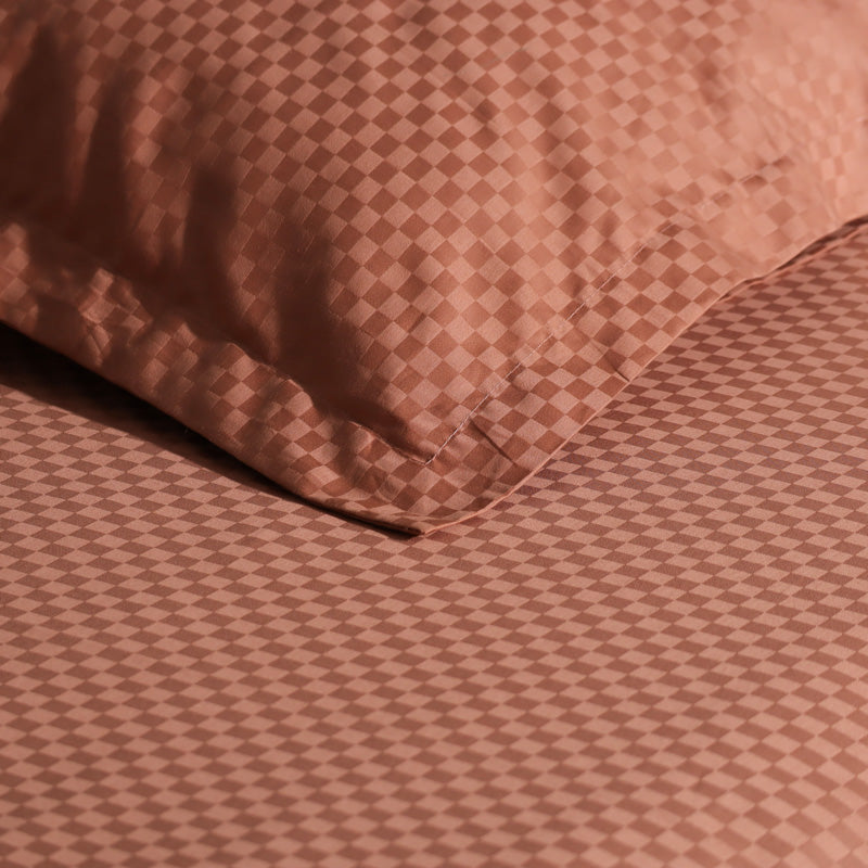 Maison Checks King Size Cotton Bedsheet Set - Dark Peach