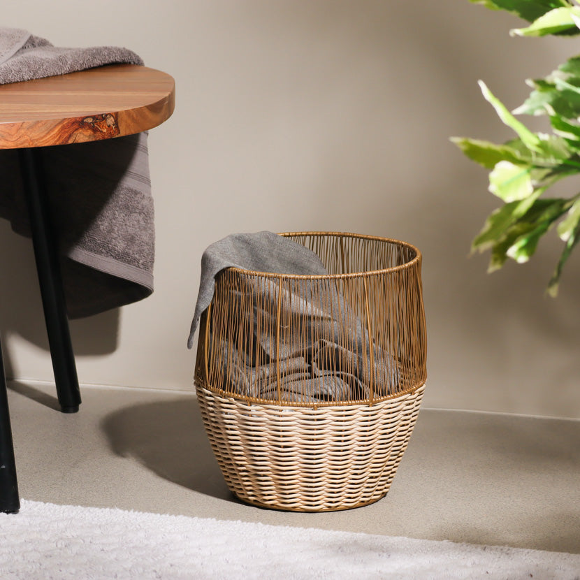 Metal and Rattan Open Waste Basket - Dull Gold