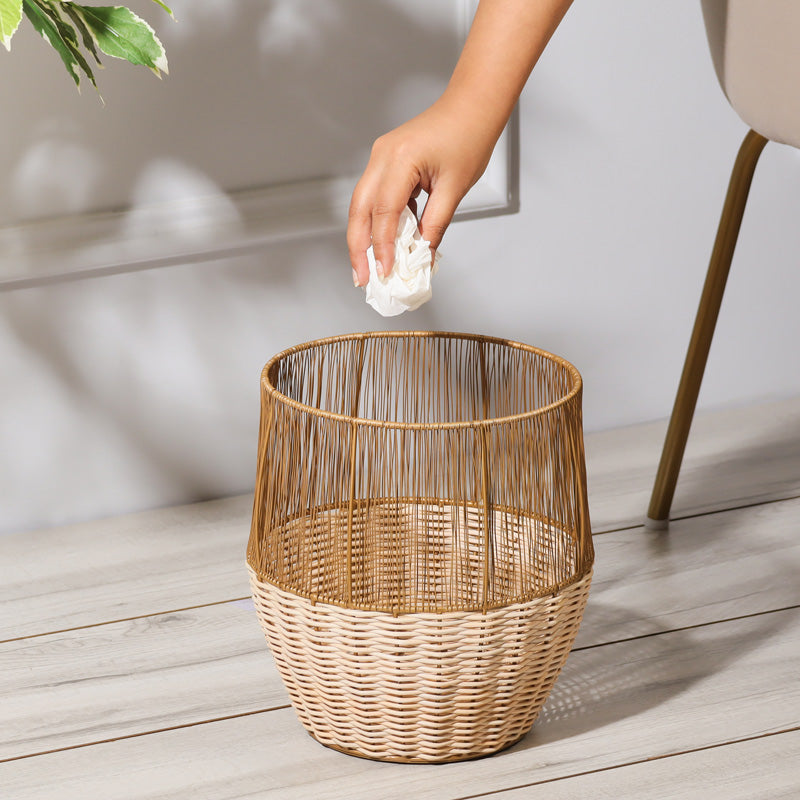 Metal and Rattan Open Waste Basket - Dull Gold