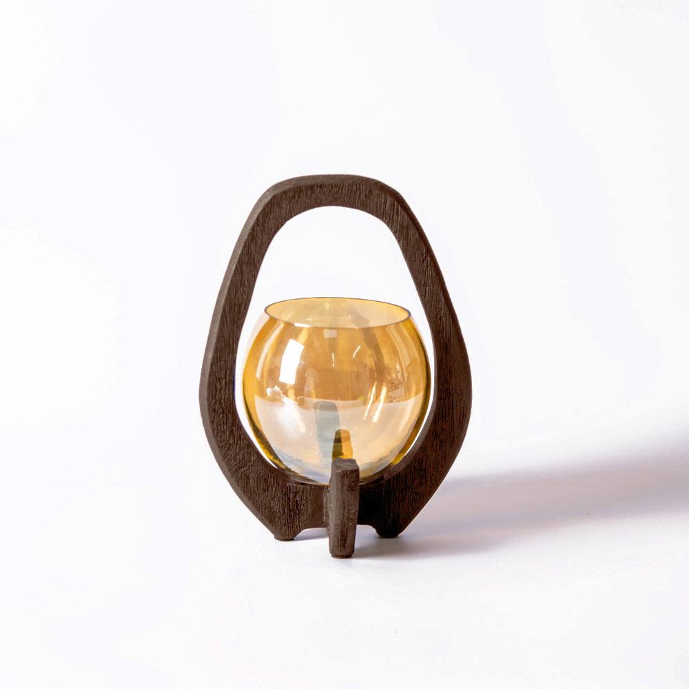 ESQ Living Nest Glass Lantern with Wooden Holder - Walnut