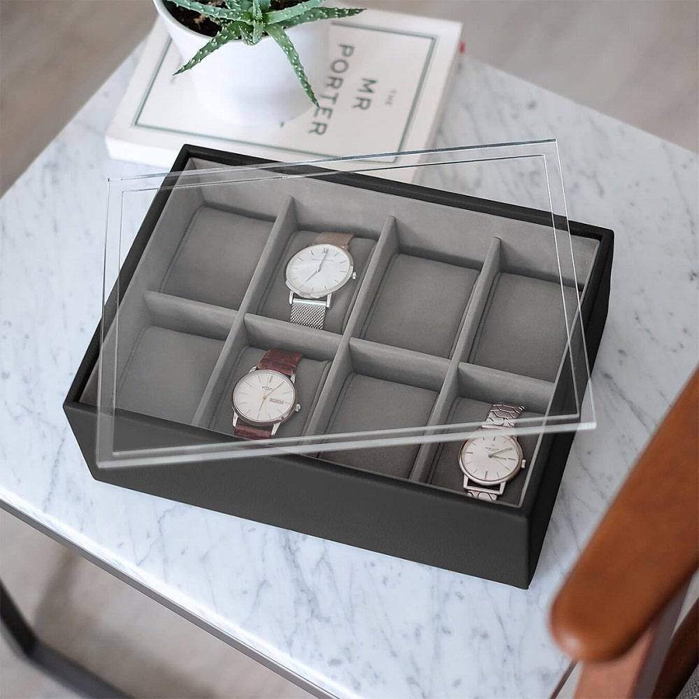 Stackers London 8-pc Watch Box with Acrylic Lid - Black Pebble