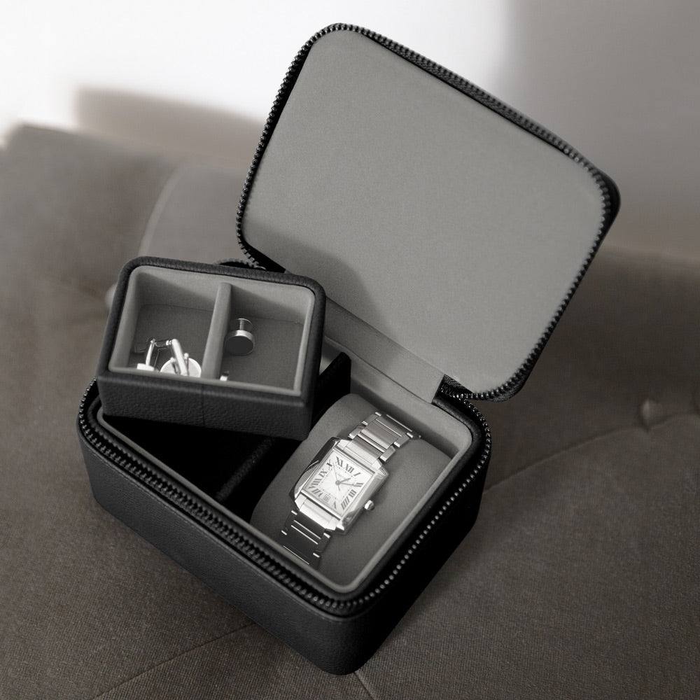 Stackers London Zipped Watch & Cufflink Box - Pebble Black